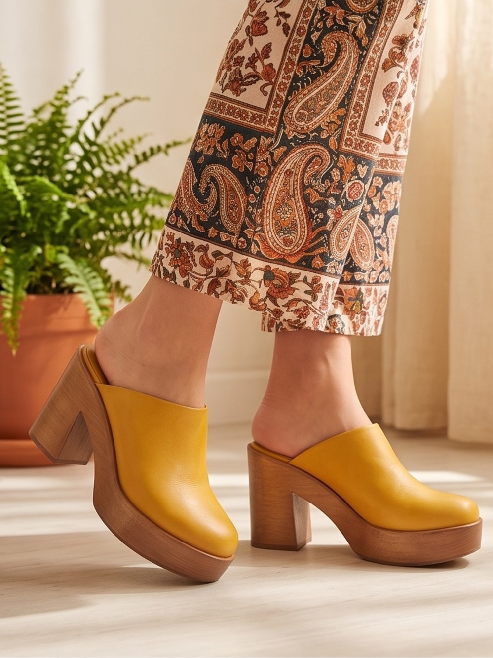 Free People Yellow Leather Platform Clogs. vintage free people BoHo style clogs.